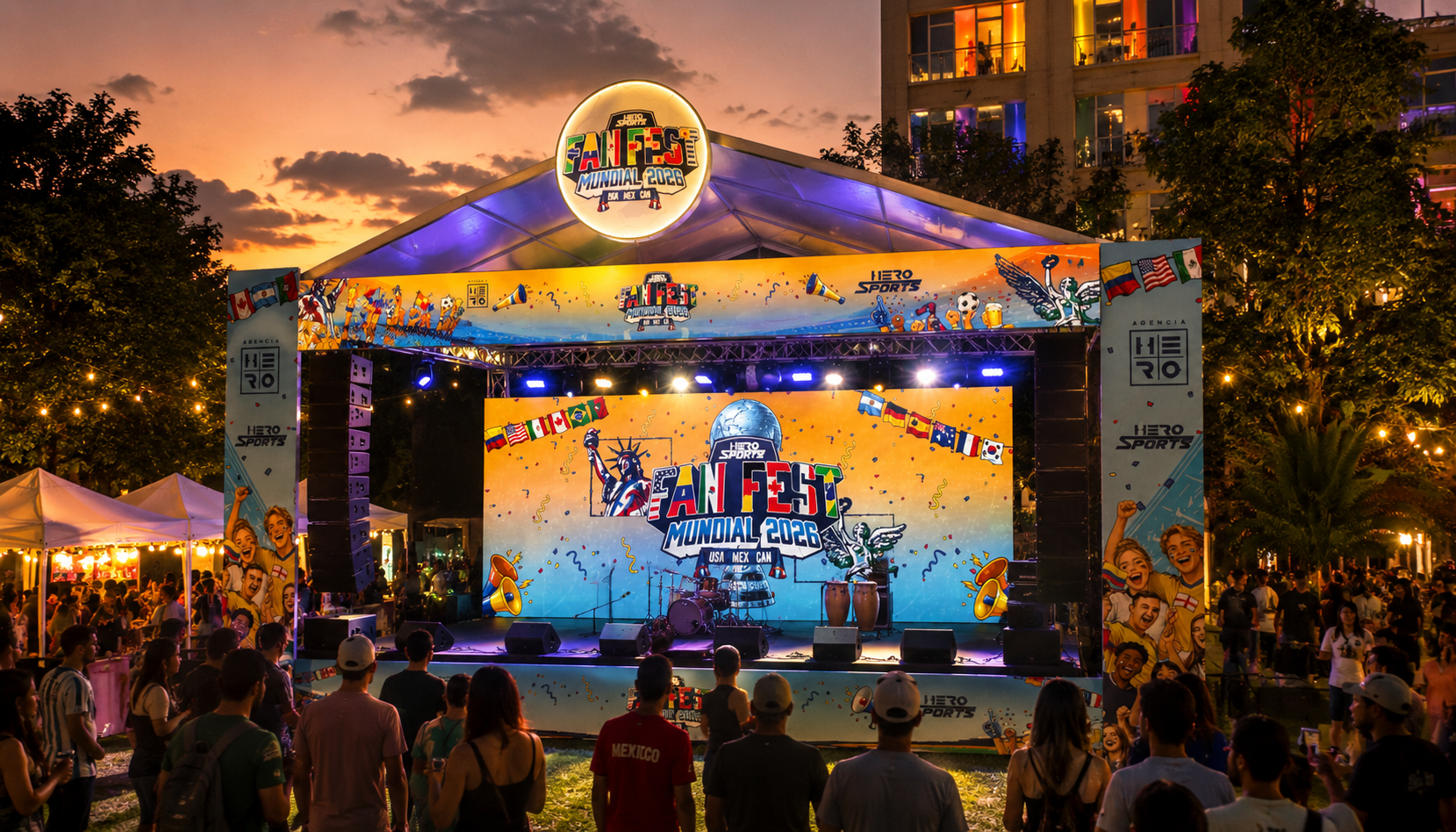 Tarima Fan Fest con pantalla LED, luces y público al atardecer